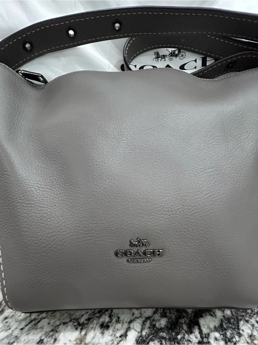 Coach Gray Leather Shoulder Bag with Silver-Tone Logo